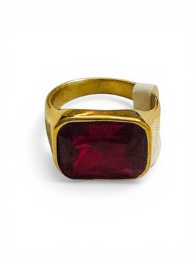 Gold Plated Titanium Steel Square Stone Ring Red Stone